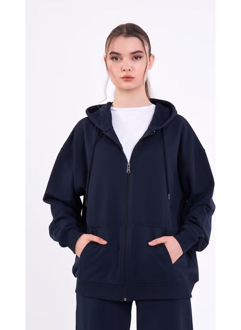 mmetalic Navy Blue Kangaroo Pocket Hooded Zippered Oversize Women's Sweatshirt - Image 5
